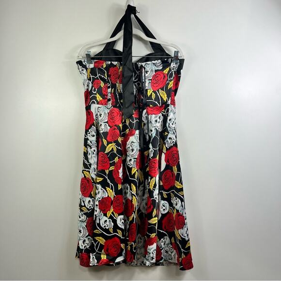 Dress Tells New Skull Roses Print Halter Tie Neck Fit & Flare Mini Dress Large - Picture 11 of 12